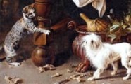 A Cat playing with a small dog, a detail from a painting by Adriaen van Utrecht
