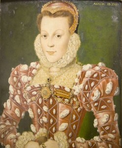 An Elizabethan girl in a pink gown.