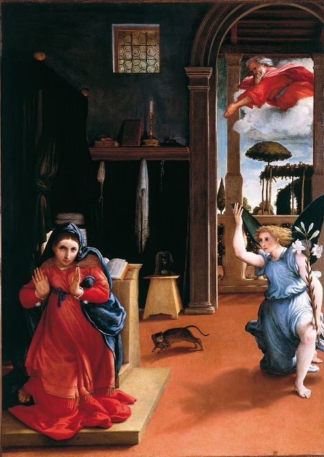Annunciation, by Lorenzo Lotto (c1480-1556). Mary, the Angel, and a startled cat.
