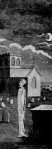 A figure in a shroud, standing in a churchyard.