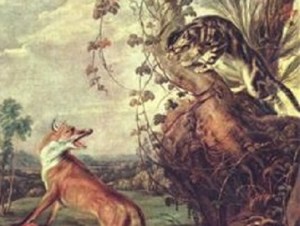 A Fox and a Cat in a tree from a painting by Franz Snyders