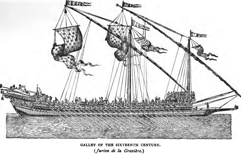 A galley under oars. This image, and the one below, are from "The Barbary Corsairs" by Stanley Lane-Poole, 1890. 