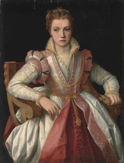 A portrair of a beautiful but sad-faced young woman in a pink and white gown.