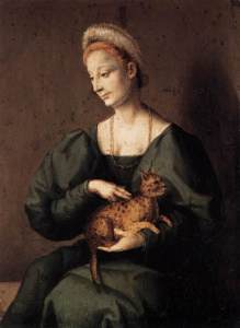 A portrait of a woman in a dark gown holding a spotted cat.