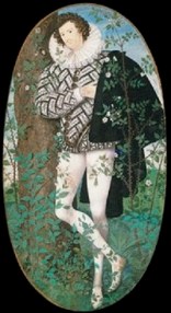 A miniature portrait of a young man dressed in black and white, the colours of Elizabeth I. He is standing among white roses with his hand on his heart.