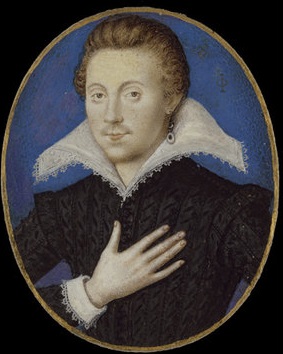 A head and shoulders miniature portrait of a young man in a black doublet with a wide white collar posing with his hand upon his heart.