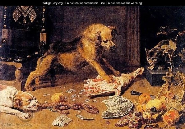 Two fierce dogs and a wild-eyed cat are raiding a pantry. One dog has a joint of meat, and the other a string of sausages. The cat is waiting its chance to grab something.