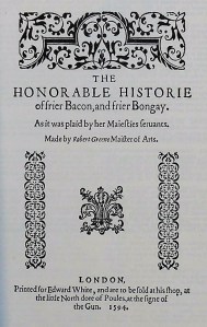 Title Page to Friar Bacon and Friar Bungay by Robert Greene, printed 1594