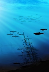 A ship underwater with fish swimming past.