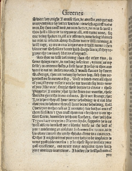 A page from Robert Greene's Groatsworth of Wit containing his famous attack on 'the upstart crow', generally believed to be Shakespeare.