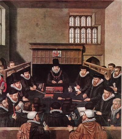 A group of men in dark suits with white ruffs seated around a table. Lord Burghley is at the head. There are some onlookers behind partitions.
