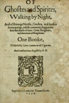 A stained cover page of Lewes Lavater's book on Ghosts and Spirits, Walking by Night. 1596 edition.