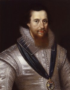 A dark-haired young man with a spade-shaped beard, He's wearing a glossy white satin doublet.