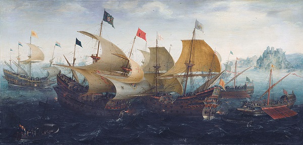 English and Dutch warships engaging Spanish ships and galleys.
