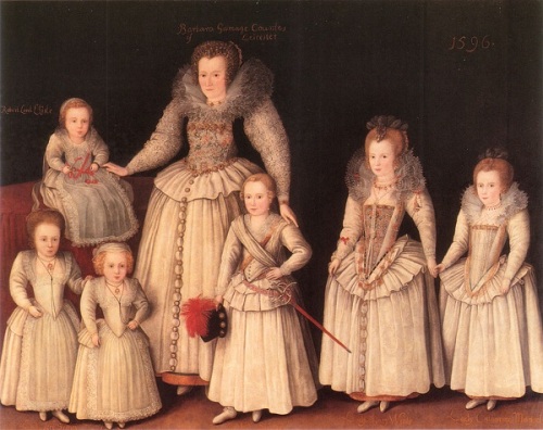 A feature of this painting is the similarity of dress in little boys and girls: all are wearing skirts, or what the Elizabethans called petticoats. The elder boy is shown with a little sword and plumed hat to emphasise his sex, but he wouldn't have normally worn these.