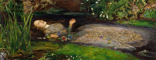Ophelia in her wet element.  From Sir John Millais' famous painting, held by Tate Britain.  Were Nero to attempt so tragickal a scene, he would probably have to put his feet as well as his paws above water, and his lack of tail might affect his balance.