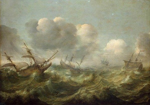 Sailing ships being tossed on high seas.