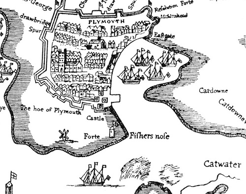 A black and white drawing of a small fortified town, showing the whereabouts of the Catwater.