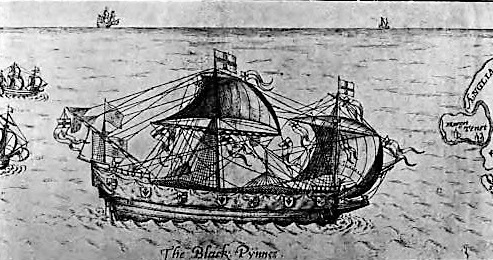 An Elizabethan Pinnace, from ain illustration in Julian S. Corbett's 'Drake and the Tudor Navy' (1917) via the Internet Archive.