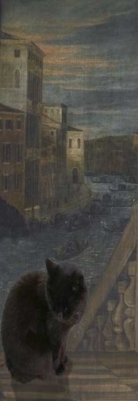 A black cat seated before a painting of Venice.