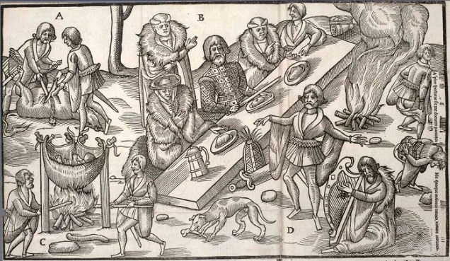 A cartoon-style woodcut of an Irish feast.