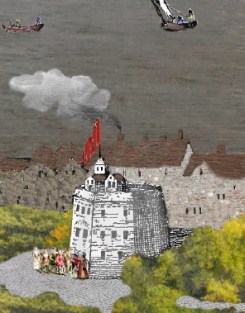 The Globe Theatre with the river shown behind it.