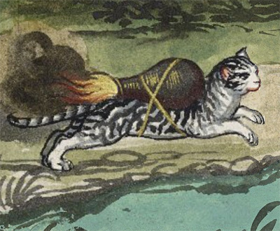 A drawing of a grey and white tabby cat racing along with an incendiary device which looks like a rocket pack strapped to its back.